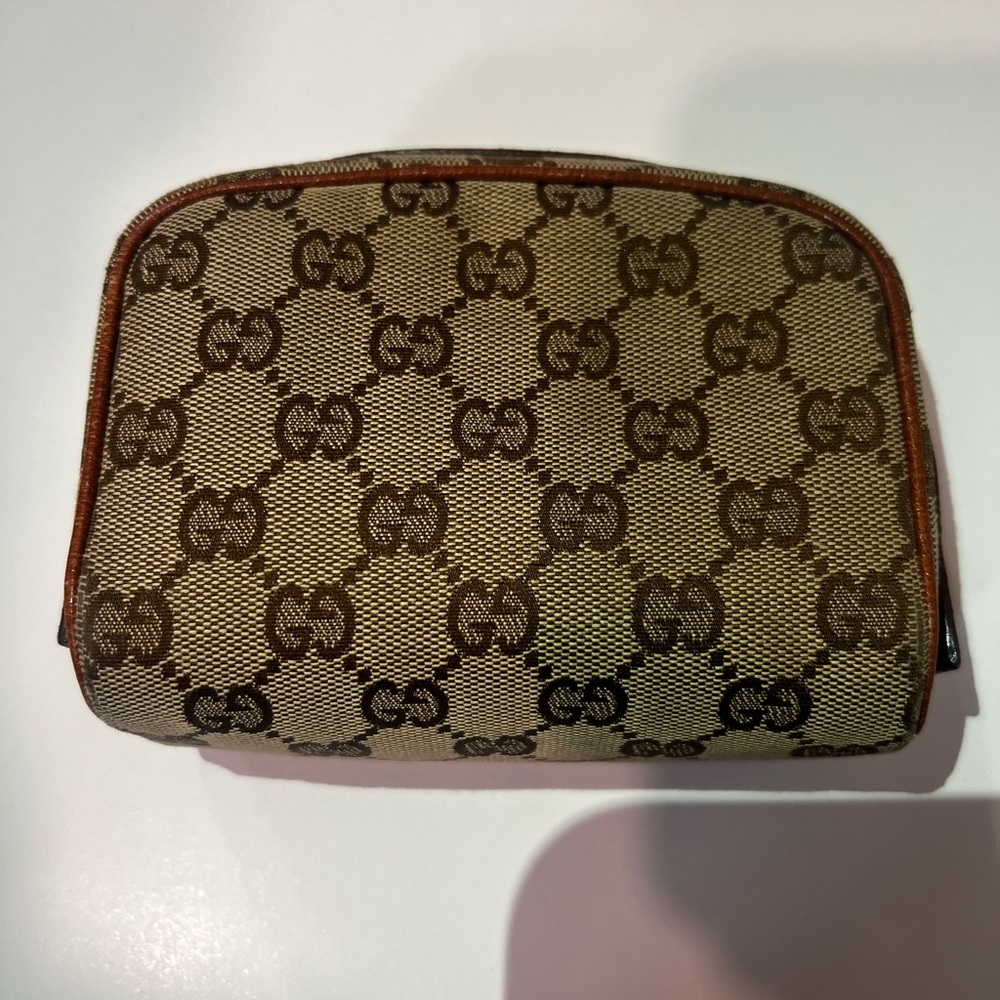 Gucci GG Supreme Canvas Brown Leather Trimmed Mini Pouch
